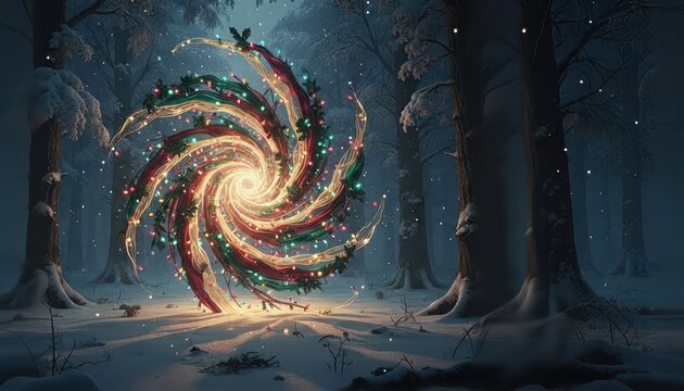 Magical glowing spiral in fairy-tale winter forest at night, creative illustration. Holiday fantasy, new year wonder, enchanted lights, atmospheric snowy scene, festive mystery artwork