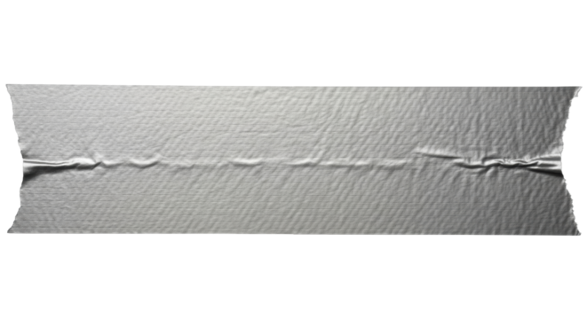 Isolated piece of silver cloth tape, duct tape adhesive, torn and wrinkled and sticky