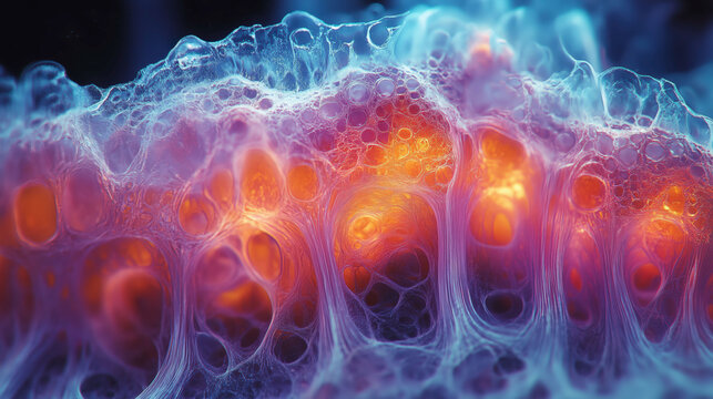 Vibrant microscopic view of glowing, porous cellular structures with filamentous membranes and luminous cores, evoking biological tissue or abstract scifi organisms.