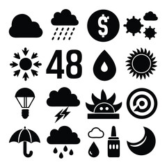 Collection of 48 distinct black and white weather icons for diverse meteorological conditions and forecasting