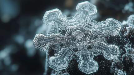 Close-up macro photo of a detailed hexagonal snowflake ice crystal resting on frosty surface with intricate crystalline patterns and soft bokeh background.