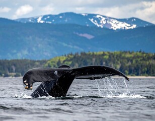 Whale tail breaching the water's surface, mountains in the background