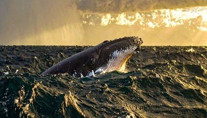 Whale surfacing in dramatic ocean sunset