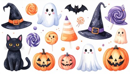 Fun and cute Halloween icon set including ghosts pumpkins black cats bats hats candies and lollipops. Watercolor style perfect for kids and holiday themes. Festive october graphic