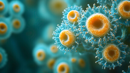 Artistic 3D microscopic rendering of spherical virus particles with spiky surface proteins and textured envelopes in teal and orange.