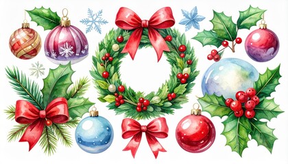 Festive watercolor Christmas elements including holly leaves wreaths snow globes ribbons and ornaments in holiday themed arrangement. Cute xmas clip art festive season decor hand