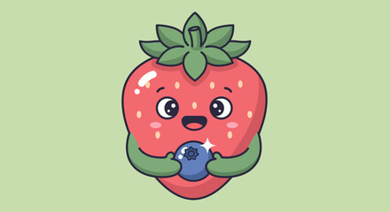 A cute cartoon strawberry character happily holding a small blueberry, smiling with joy.