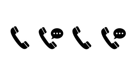 Four black telephone icons, two with speech bubbles, arranged in a row on a white background.