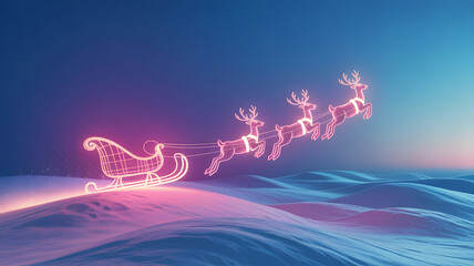 Neon Santa sleigh pulled by reindeer flying over glowing snow dunes at twilight Christmas