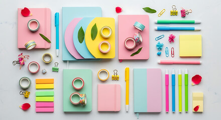 Flat lay of various pastel stationery items, including notebooks, pens, washi tape, paper clips, and sticky notes, arranged on a white marble surface, creating a visually appealing and organized works