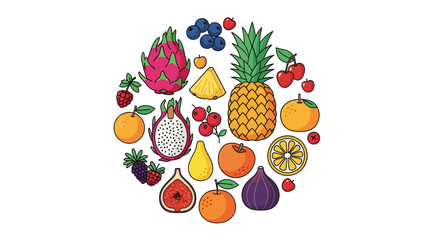 A colorful illustration showcasing a variety of fresh and delicious fruits arranged in a circular pattern.