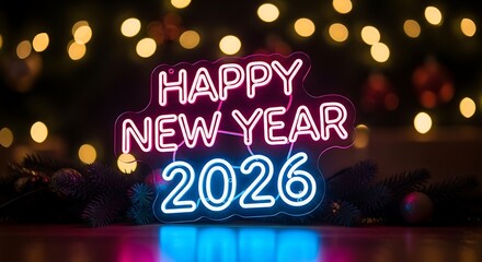 Vibrant neon sign displays happy new year 2026 with blurred festive bokeh lights in the background