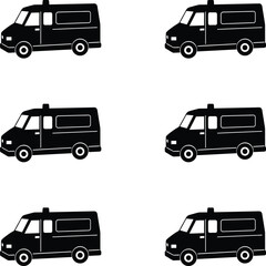 Collection of black ambulance van silhouettes vector illustration. 