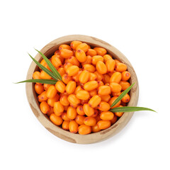 Fresh sea buckthorn berries with green leaves in bowl isolated on white, top view