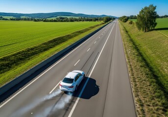 White car making an emergency stop on a highway with smoke from tires as an illustration for driving safety campaign and distracted driving concept.