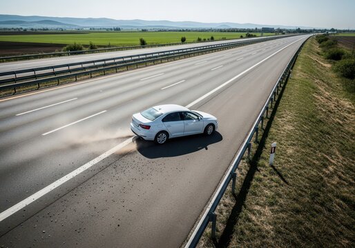 White car losing control and swerving on an empty highway, creating a dust cloud due to distracted driving or road hazard. Danger on road.