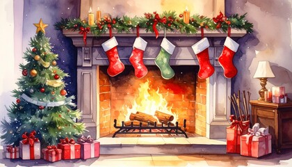 christmas stocking hanging at a rich decorated fireplace in watercolor painting design. Festive holiday sock adorn a fancy mantel a warm hearth in artistic water color style.