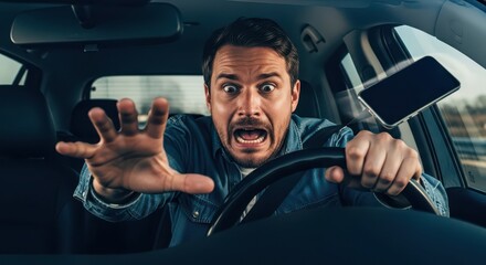 Caucasian man driver screaming, looking scared and reaching out as smart phone falls while driving. Distracted driving is dangerous concept.