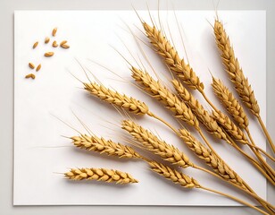 Wheat ears and seeds on white background
