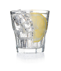 Refreshing water with lemon and ice in glass isolated on white