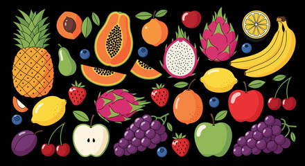 Colorful assortment of various fruits including pineapple, papaya, dragon fruit, bananas, grapes, apples, and berries on a black background.