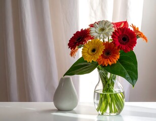 Colorful Flowers in Vase on Table.