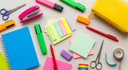 Overhead shot of a vibrant and organized desk with stationery items such as notebooks, pens, scissors, and highlighters arranged in a flat lay, creating a colorful and creative workspace