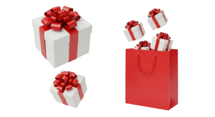 Isolated gifts with red bows, shopping bag presents new, festive surprise for Christmas Day