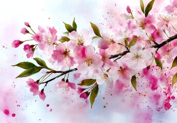 Vibrant Watercolor Painting of Pink Cherry Blossom Flowers on a Branch with Artistic Splatter and White Background

