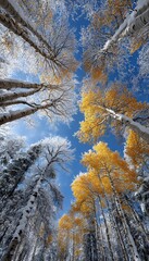 Dramatic Low Angle View of Golden Aspen Trees and Snow Covered Branches Against a Vivid Blue Sky Representing Seasonal Change


