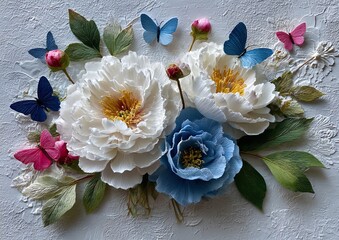 Elegant Three Dimensional Paper Art Peonies in White and Blue Adorned with Colorful Flying Butterflies on a Textured Wall

