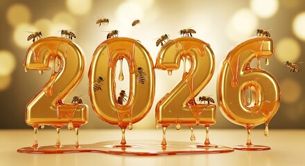 Golden 2026 new year balloons dripping honey with bees flying around festive bokeh background