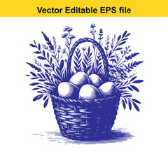 Vector art of handdrawn illustration of a wicker basket filled with eggs and wildflowers