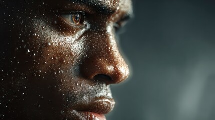Intense Concentration: A close-up captures a man's face glistening with sweat, a testament to physical exertion and unwavering focus. 