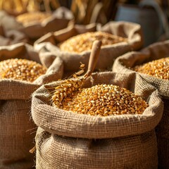 Wheat in burlap sacks
