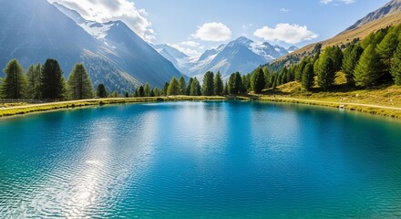 Serene alpine lake reflects majestic snow-capped mountains and vibrant green trees on a sunny day.