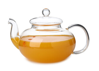 Sea buckthorn tea in glass teapot isolated on white