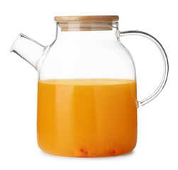 Sea buckthorn tea in glass teapot isolated on white
