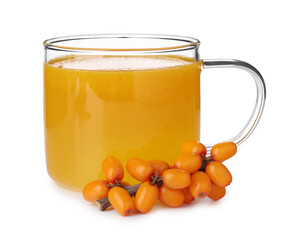 Cup of sea buckthorn tea and fresh berries isolated on white
