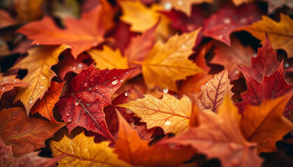 Fallen leaves close-up. Wet red leaves. Perfect collection of autumn leaves