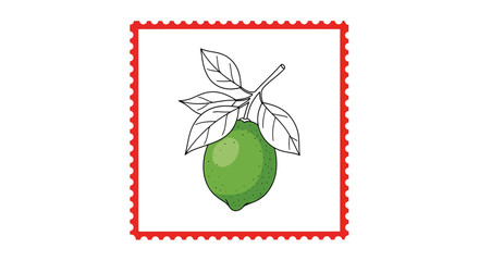 A vibrant green lime fruit with leaves on a branch, depicted in a simple line art illustration with a decorative red border.