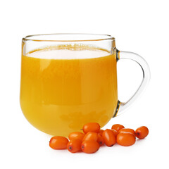 Cup of sea buckthorn tea and fresh berries isolated on white