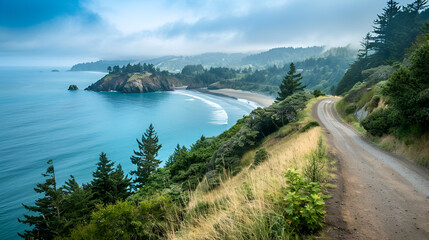 Winding road alongside a scenic coastline with trees and a beach under a cloudy sky landscape view