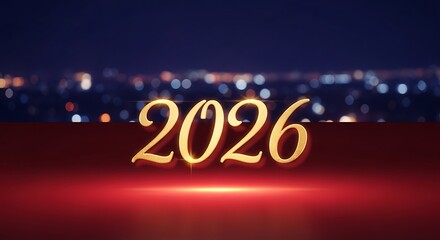 Glowing golden year 2026 text illuminated against a blurred cityscape at night