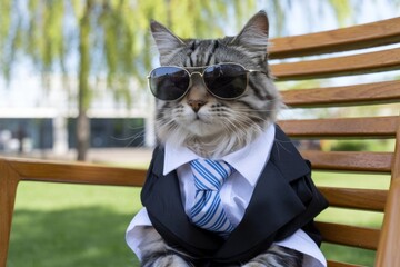 Cat in stylish sunglasses, a sleek tie, and a sharp business suit, confidently posing with a charming, professional demeanor against a neutral background.