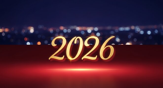 Glowing golden year 2026 text illuminated against a blurred cityscape at night