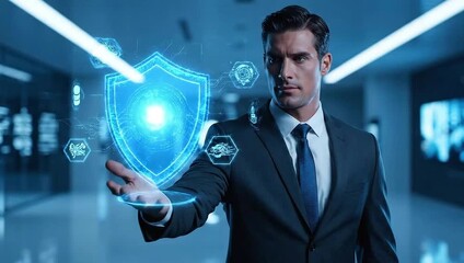 Confident businessman interacts with glowing digital shield projecting advanced cybersecurity and data protection in a modern corporate environment - Powered by Adobe
