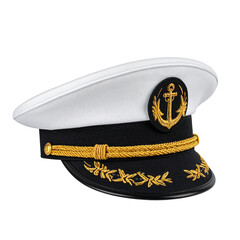Angled Side View of Maritime Captain’s Hat with Embroidered Anchor Badge, Transparent Background