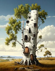 Whimsical birch tree with dwelling