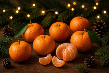 Tangerines and fir branches with Christmas lights in the background
